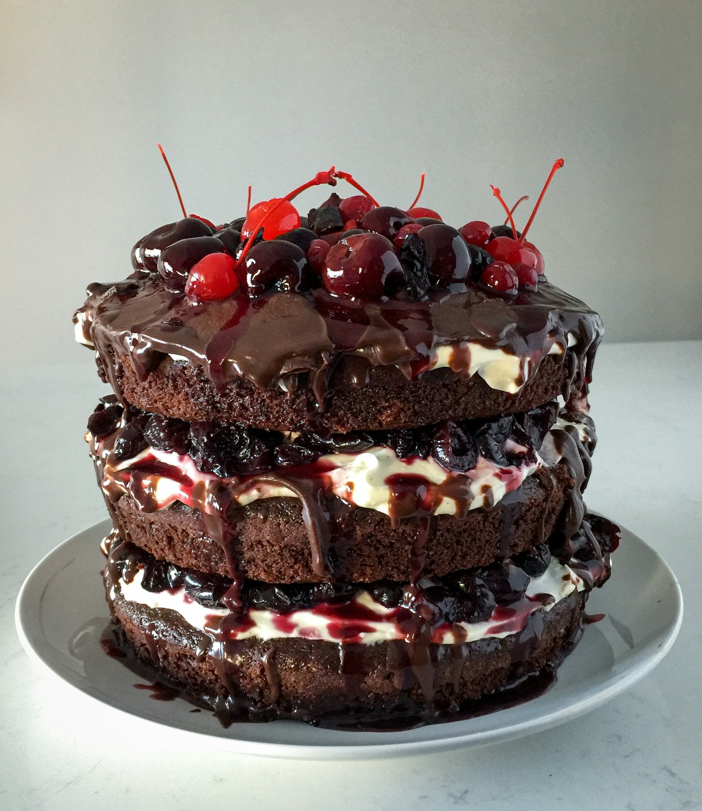 Bûche glacée roulée, cerises et coulis de chocolat